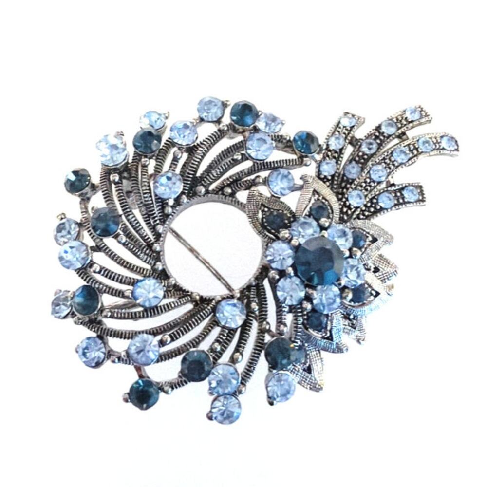Blue Glass Rhinestones Vintage Floral Brooch